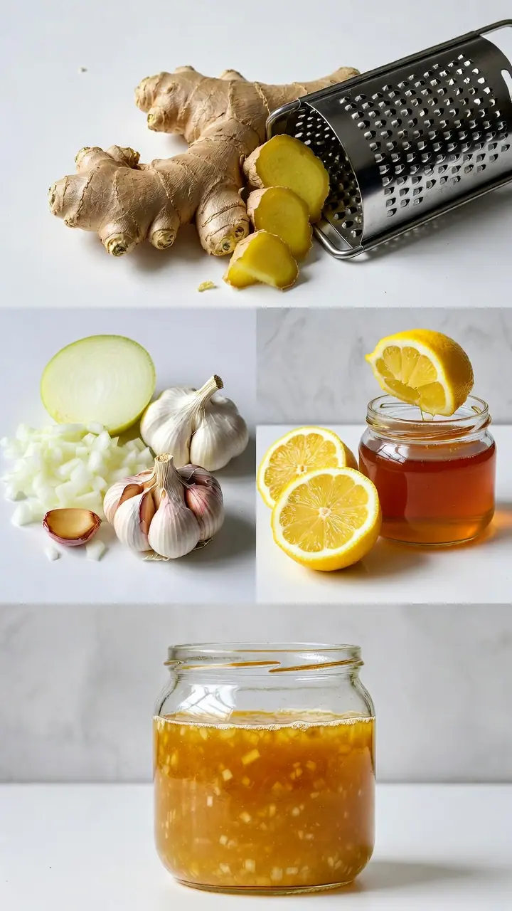 uma mistura de mel, suco de limão, cebola, alho e gengibre ralado