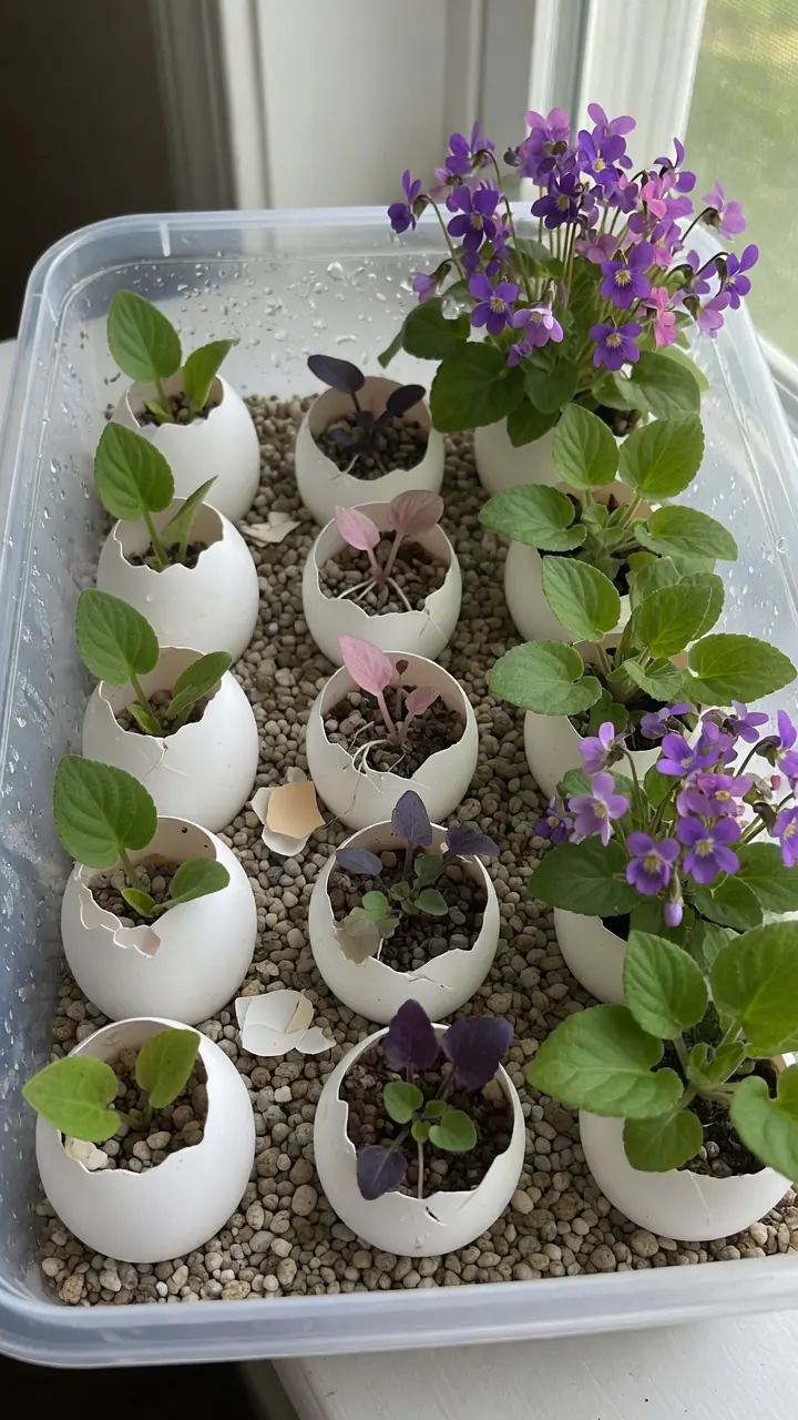 Coloque uma folha de violeta em um ovo, deixe-a proliferar e floresça abundantemente