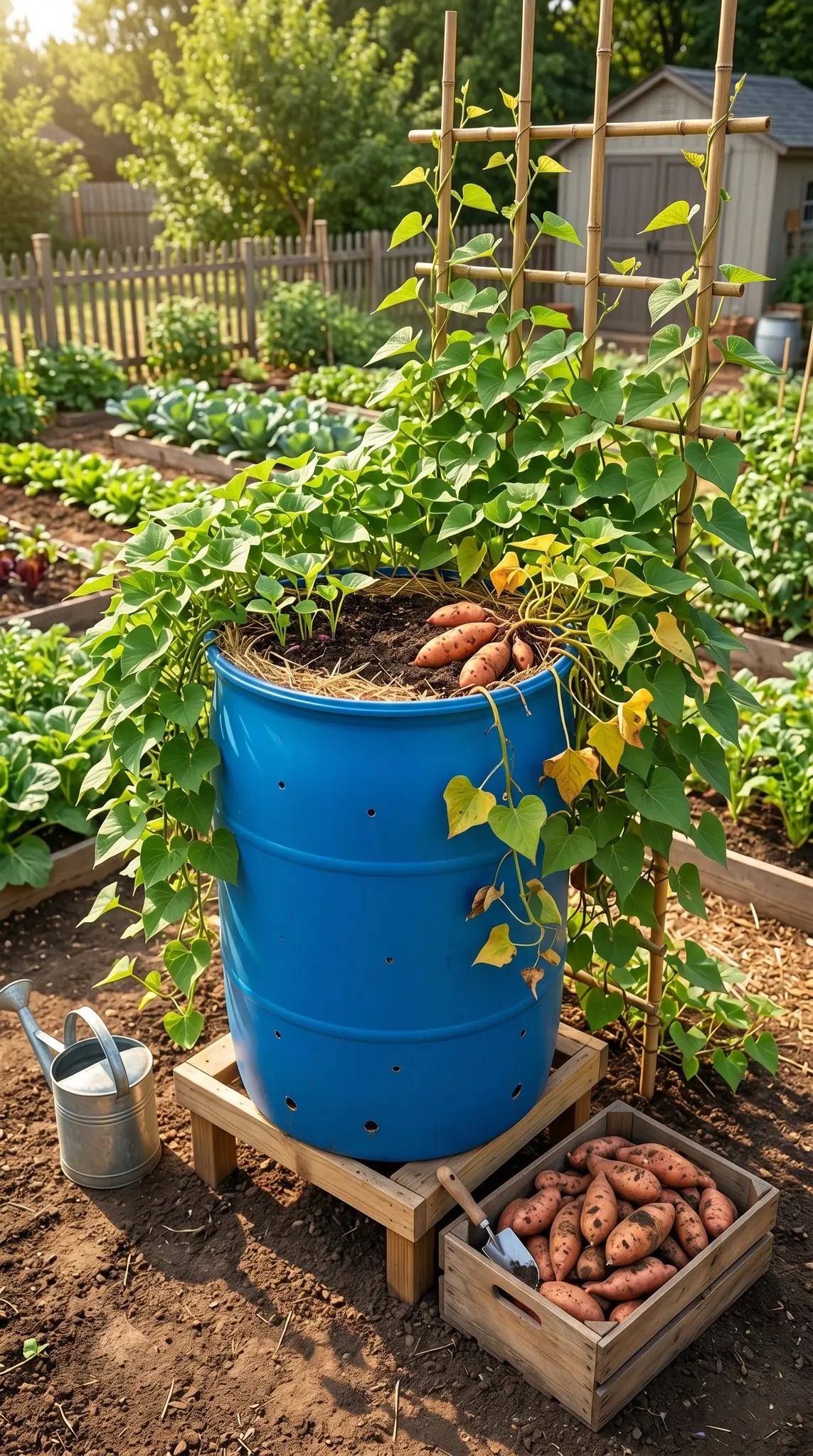 Experimente este segredo para cultivar batatas-doces em barril de plástico: muitos tubérculos e muito doces para comer.
