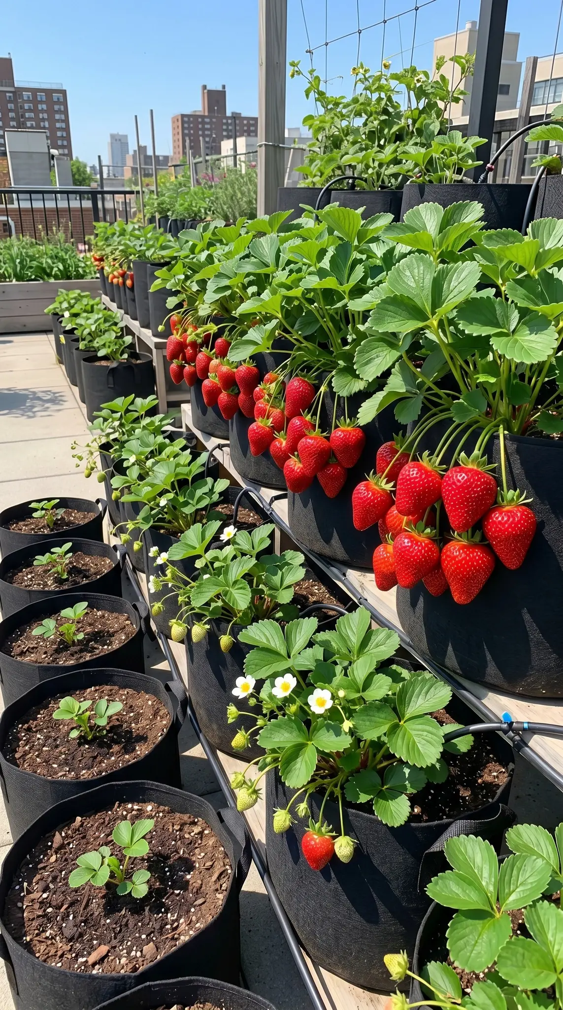 120 dias de colheita e cultivo de morangos em sacos. Os frutos são grandes e doces.