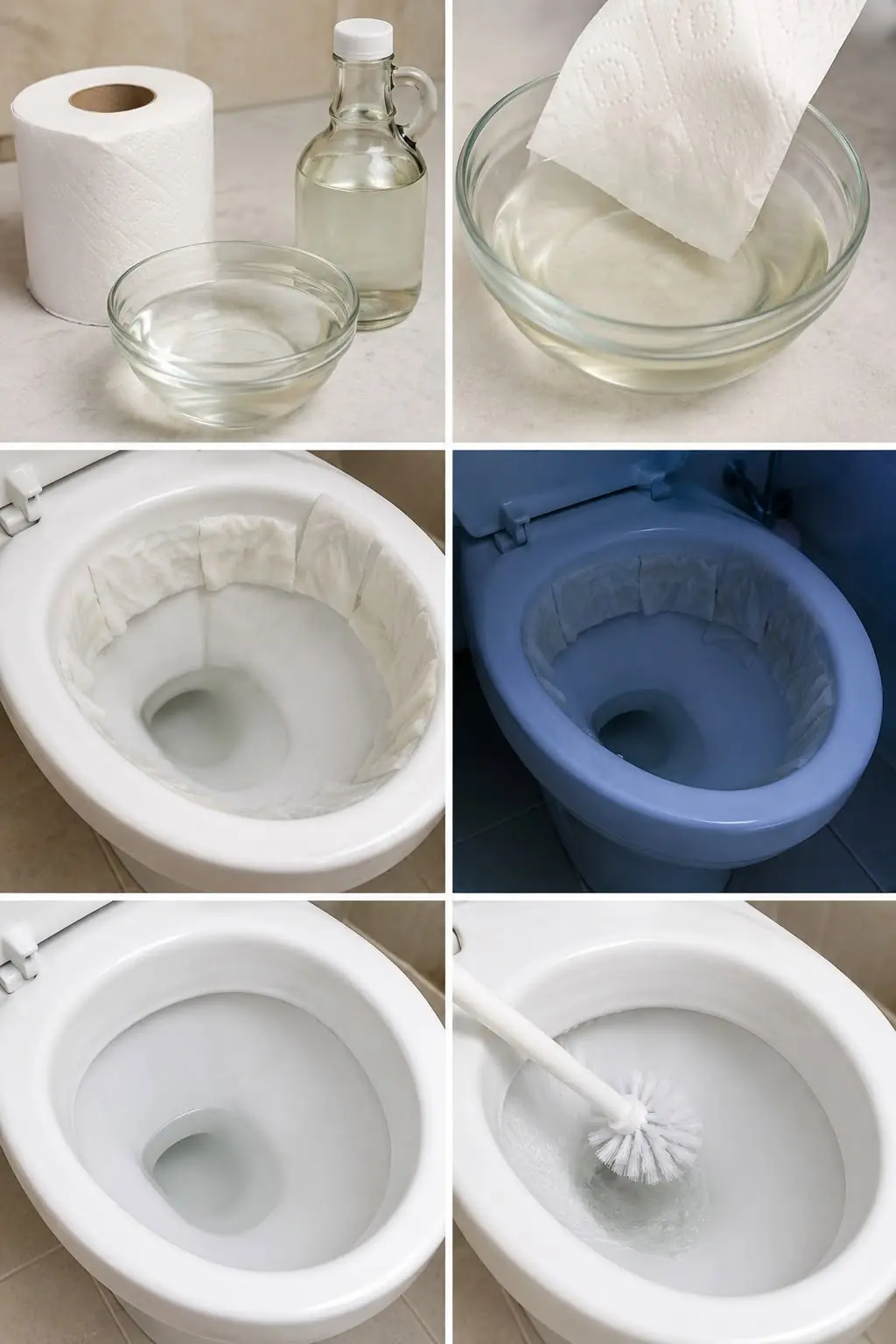 Coloque papel higiênico embebido em vinagre no vaso sanitário e deixe durante a noite. O efeito é mágico