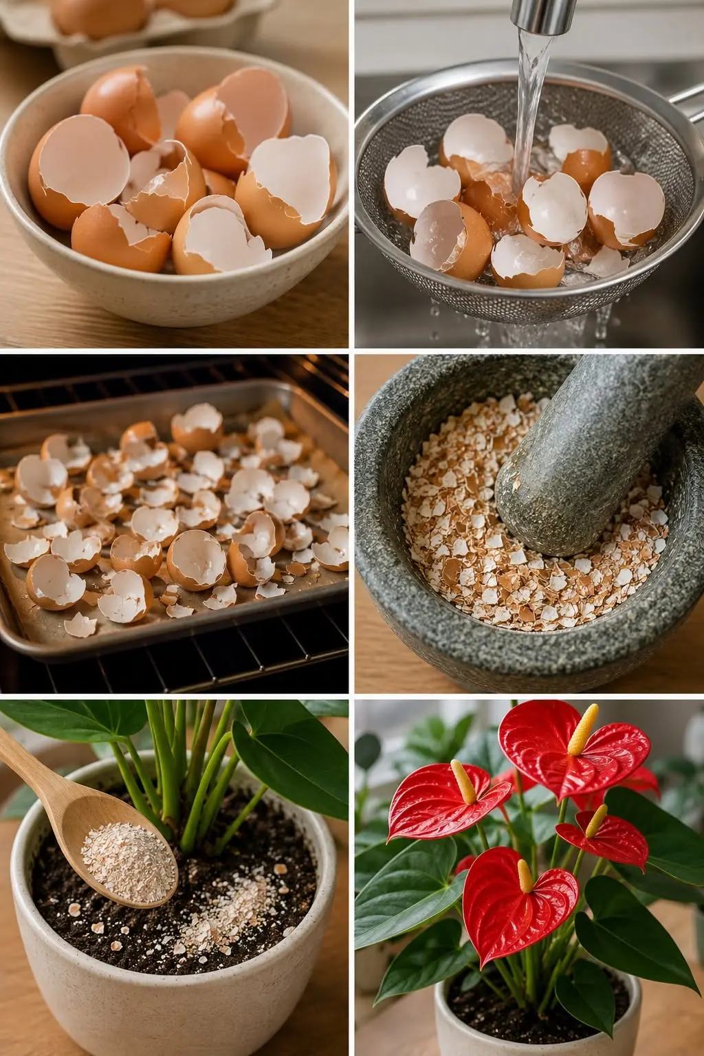 O poder da casca do ovo: uma maneira natural de fazer os antúrios prosperarem.