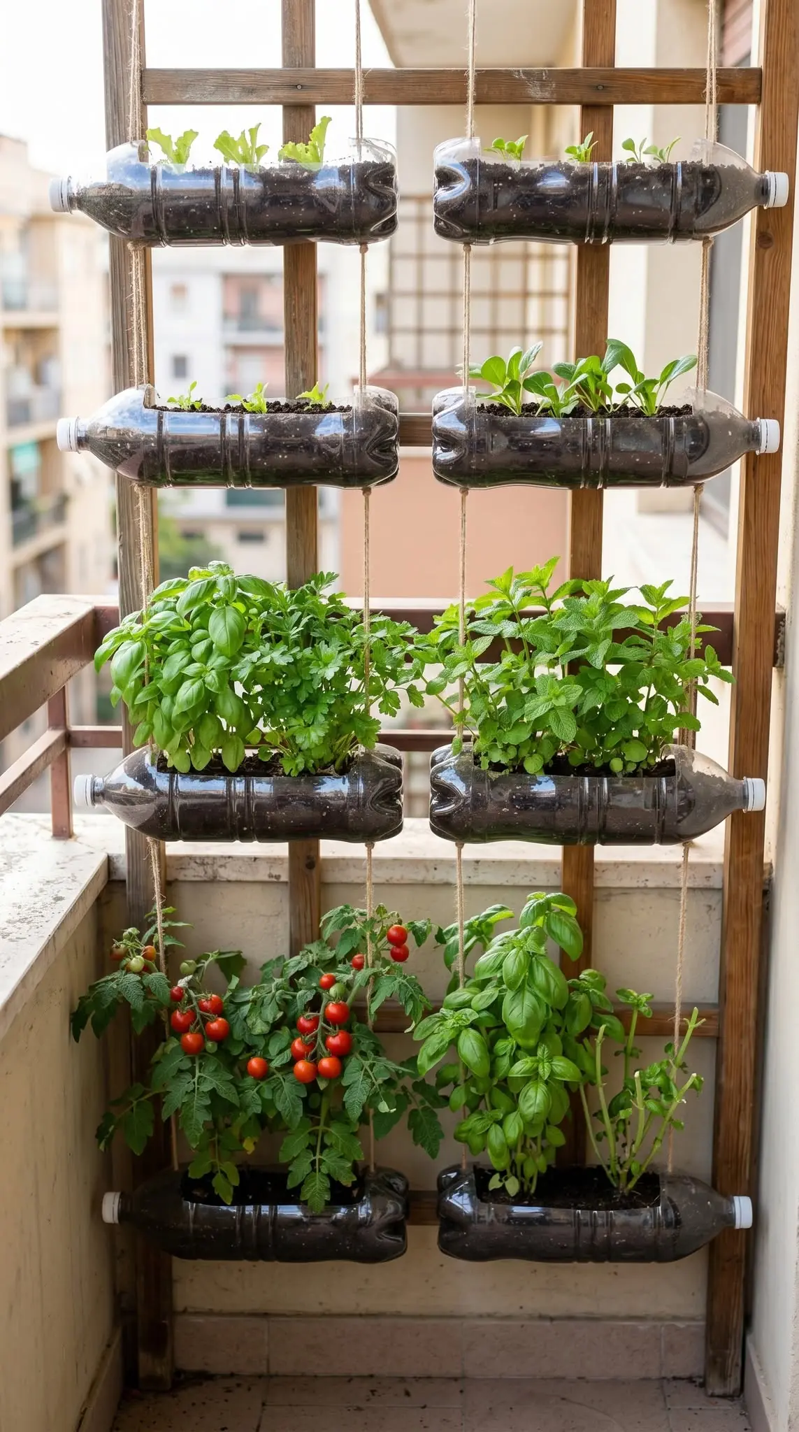 Cultive vegetais em casa em garrafas de plástico suspensas, uma solução original e que economiza espaço.