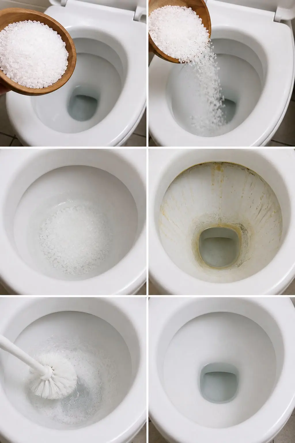 Despeje sal no vaso sanitário por 3 horas e deixe agir para um resultado impressionante